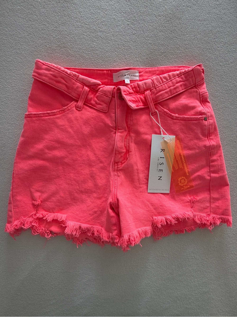 Risen Neon Pink Frayed Hem Denim Shorts